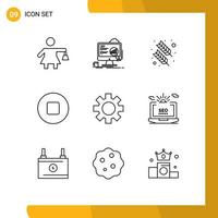 Modern Set of 9 Outlines Pictograph of global gear feather setting multimedia Editable Vector Design Elements