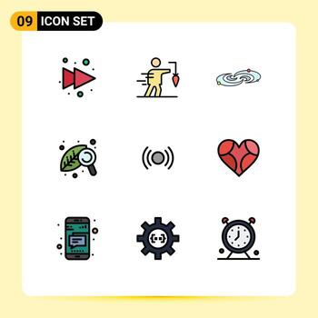 Editable Vector Line Pack of 9 Simple Filledline Flat Colors of basic leaf galaxy research universe Editable Vector Design Elements