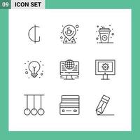 Group of 9 Outlines Signs and Symbols for computer light bulb map idea cup Editable Vector Design Elements