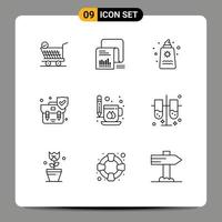 Pack of 9 Modern Outlines Signs and Symbols for Web Print Media such as shield insurance questionnaire handbag romance Editable Vector Design Elements