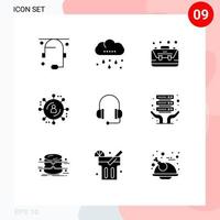 9 User Interface Solid Glyph Pack of modern Signs and Symbols of headset marketing network bag internet advertising ecommerce Editable Vector Design Elements