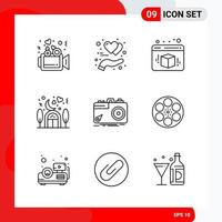 Creative Set of 9 Universal Outline Icons isolated on White Background Creative Black Icon vector background