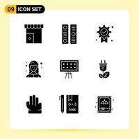 Mobile Interface Solid Glyph Set of 9 Pictograms of alphabet female web developer file cover female medal Editable Vector Design Elements