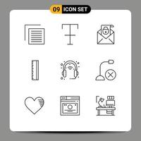 Pictogram Set of 9 Simple Outlines of headphone gadget email device ruler Editable Vector Design Elements