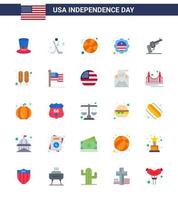 Modern Set of 25 Flats and symbols on USA Independence Day such as weapon gun basketball badge flag Editable USA Day Vector Design Elements