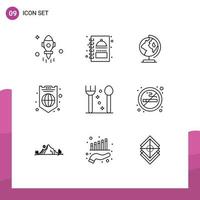 Mobile Interface Outline Set of 9 Pictograms of fork shield earth protection global Editable Vector Design Elements