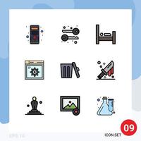 Pack of 9 creative Filledline Flat Colors of garbage ecology hotel internet setting Editable Vector Design Elements