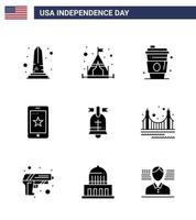 feliz día de la independencia 9 paquete de iconos de glifos sólidos para web y anillo de impresión irlanda alcohol celda móvil editable usa día elementos de diseño vectorial vector