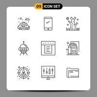 Pack of 9 Modern Outlines Signs and Symbols for Web Print Media such as tabs alien halloween rocket space Editable Vector Design Elements