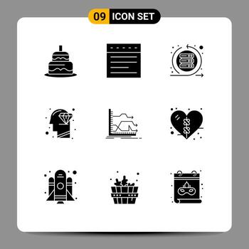 Group of 9 Modern Solid Glyphs Set for forward perfection iteration mind diamond Editable Vector Design Elements