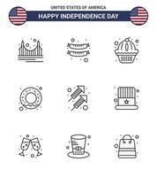 conjunto moderno de 9 líneas y símbolos en el día de la independencia de estados unidos, como la celebración de fuegos artificiales, donut de nutrición estadounidense, elementos de diseño vectorial editables del día de estados unidos vector