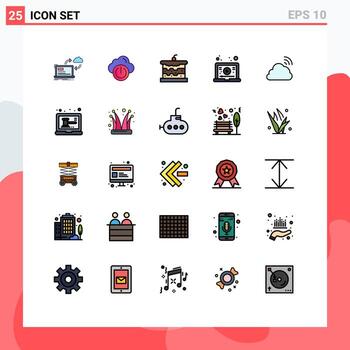 conjunto de colores planos de línea llena de interfaz móvil de 25 pictogramas de tutorial en la nube para aprender elementos de diseño de vectores editables de alimentos