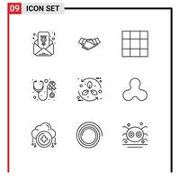 Pack of 9 Modern Outlines Signs and Symbols for Web Print Media such as eco bio partnership care stethoscope Editable Vector Design Elements