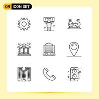 Group of 9 Outlines Signs and Symbols for barrow building cycle office bank Editable Vector Design Elements