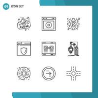 Group of 9 Outlines Signs and Symbols for promote internet website shield web server Editable Vector Design Elements