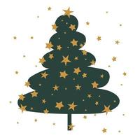 Vector glowing green Christmas tree with golden stars on white. Festive design element. Card.