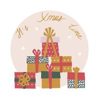 regalos apilados en un árbol de navidad. ilustración vectorial con texto es tiempo de navidad. tarjeta vector