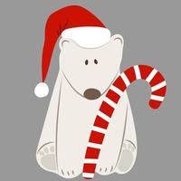 Polar bear in Santa hat with candy cane on grey background. festive clip art for Christmas or new year card vector