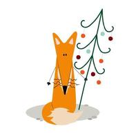 Festive Christmas, New year adorable fox with Christmas tree. Cute Cartoon clip art. Vector Illustration.