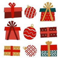 A set of gifts and Christmas balls isolated on a white background. Festive Clip-art for New Year, xmas vector