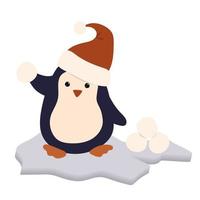 A penguin in Santa hat with snowballs on ice floe. Winter card. Clip art vector