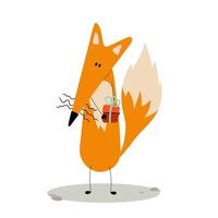 Festive Birthday, Christmas, New year adorable fox with gift box. Cute Cartoon clip art. Vector Illustration