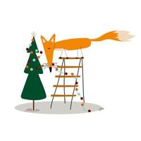 Funny fox standing on the stairs decorates the Christmas tree with a garland. Cute Cartoon clip art. vector