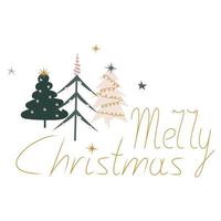 Vector Christmas trees with gold text Merry Christmas on white. Card. Festive design element.