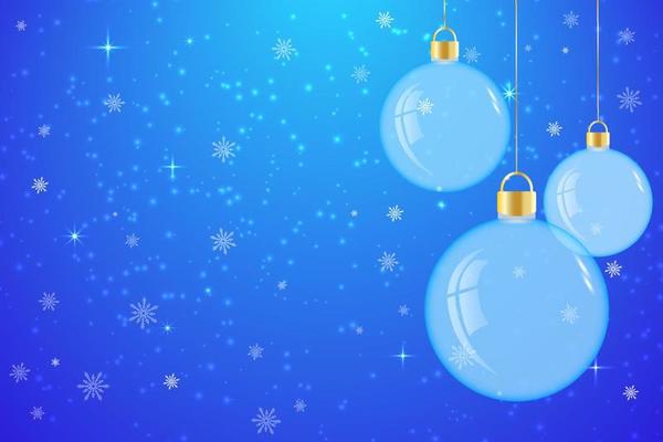Glass Christmas tree toys with stars and snowflakes on blue background. Realistic vector illustration of ball. New year card.