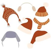 conjunto de sombreros de invierno sobre un fondo blanco. Imágenes Prediseñadas de Navidad vector