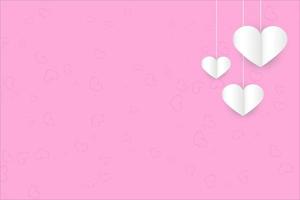 tres colgantes de corazones de papel blanco vectorial sobre un fondo rosa con corazones. tarjeta del día de san valentín vector