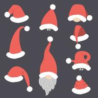 Set of Santa's Christmas hats with gnomes. Different forms of festive attire. vector