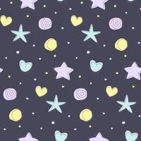 Seamless vector background with circles, stars and hearts on a dark background. Gentle baby pattern