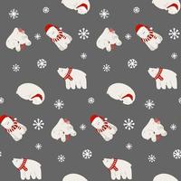 Seamless pattern with Christmas white polar bears and snowflakes. Festive wrapping paper for New Year, xmas vector