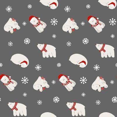 Seamless pattern with Christmas white polar bears and snowflakes. Festive wrapping paper for New Year, xmas