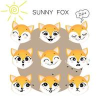 Emoji set of cute fox faces stickers. Vector illustration in the style of flats.