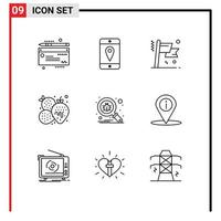 Set of 9 Vector Outlines on Grid for protect scan flag bug fruit Editable Vector Design Elements