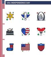 9 signos de línea plana llena de estados unidos símbolos de celebración del día de la independencia del instrumento de desfile hito del tambor del estado elementos de diseño vectorial editables del día de estados unidos vector