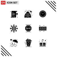 Set of 9 Modern UI Icons Symbols Signs for work rest watch stop work networking Editable Vector Design Elements