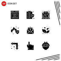 Mobile Interface Solid Glyph Set of 9 Pictograms of dollar letter email service fire Editable Vector Design Elements