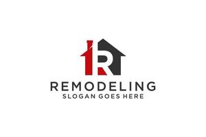letra r para el logotipo de remodelación inmobiliaria. elemento de plantilla de diseño de logotipo de edificio de arquitectura de construcción. vector