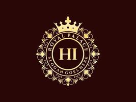 Letter HI Antique royal luxury victorian logo with ornamental frame. vector