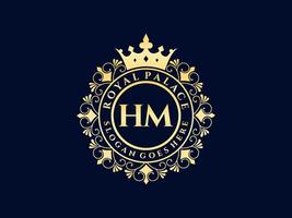 Letter HM Antique royal luxury victorian logo with ornamental frame. vector