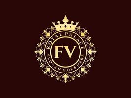 Letter FV Antique royal luxury victorian logo with ornamental frame. vector