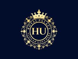 Letter HU Antique royal luxury victorian logo with ornamental frame. vector