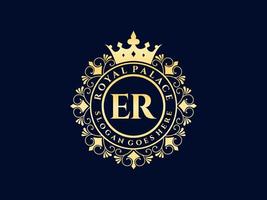 Letter ER Antique royal luxury victorian logo with ornamental frame. vector