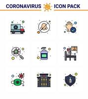Coronavirus Precaution Tips icon for healthcare guidelines presentation 9 Filled Line Flat Color icon pack such as hand sanitizer magnifying hand interfac devirus viral coronavirus 2019nov diseas vector