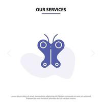 nuestros servicios animal mariposa pascua naturaleza icono de glifo sólido plantilla de tarjeta web vector