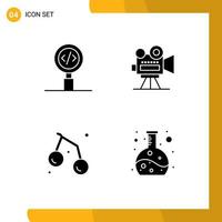 Pictogram Set of 4 Simple Solid Glyphs of code food programming film camera fruit Editable Vector Design Elements