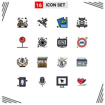 User Interface Pack of 16 Basic Flat Color Filled Lines of media player pin paper tools construction Editable Creative Vector Design Elements